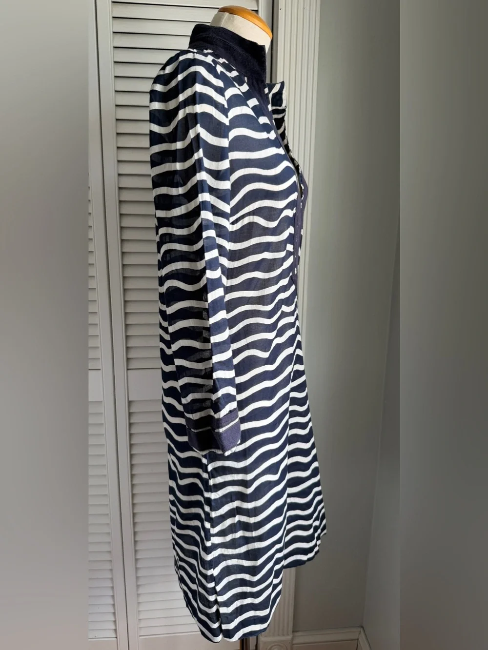 8🌊 Tory Burch Navy and White Wave Stripe Swim Tunic Coverup Dress 3/4 Sleeve